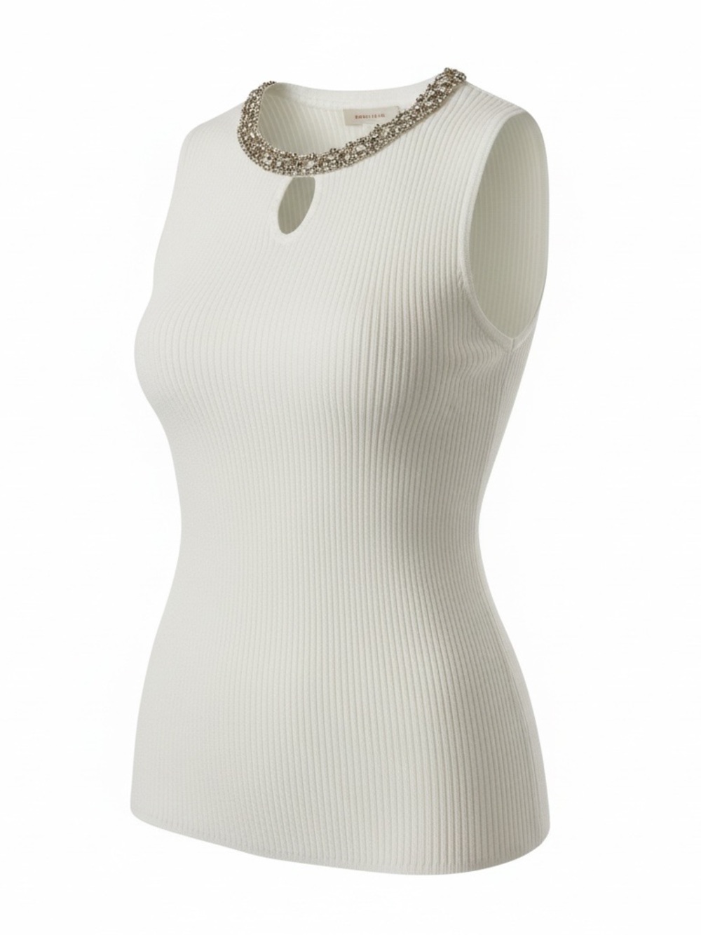 Elie Tahari Sleeveless Ribbed Knit Tank with Embellished Neckline - White